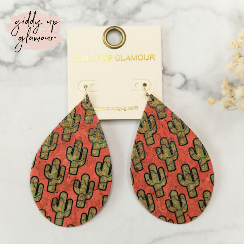 Cork Teardrop Earrings in Pink Cactus - Giddy Up Glamour Boutique