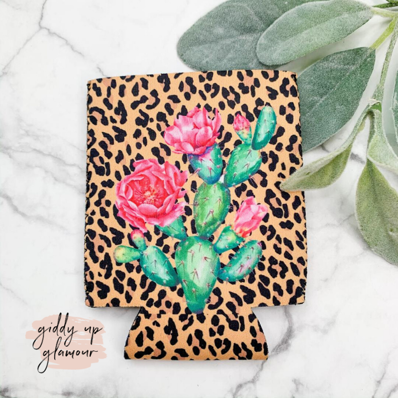 Floral Cactus Koozie in Leopard - Giddy Up Glamour Boutique