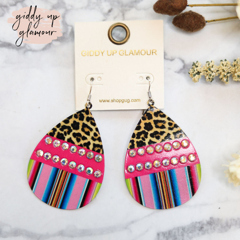 Color Block Teardrop Earrings With Leopard Print and Serape in Pink - Giddy Up Glamour Boutique