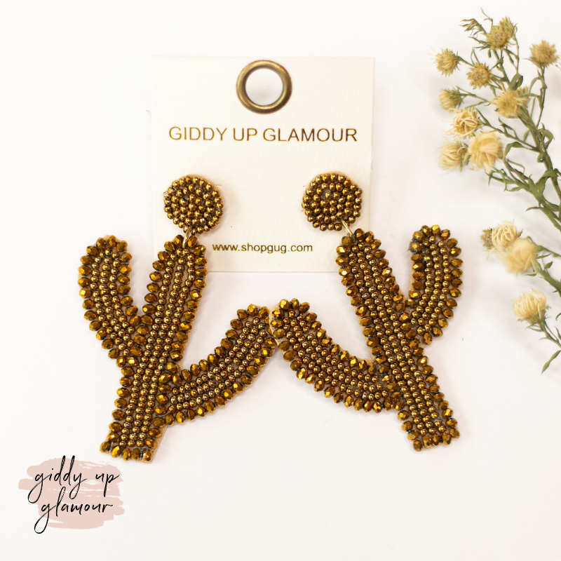 Seed Bead Cactus Post Earrings with Crystal Trim in Gold - Giddy Up Glamour Boutique