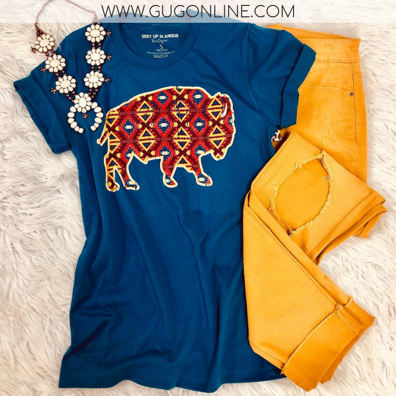 Last Chance Size 2XL & 3XL | Roam Free Aztec Buffalo Short Sleeve Tee Shirt in Teal Blue - Giddy Up Glamour Boutique