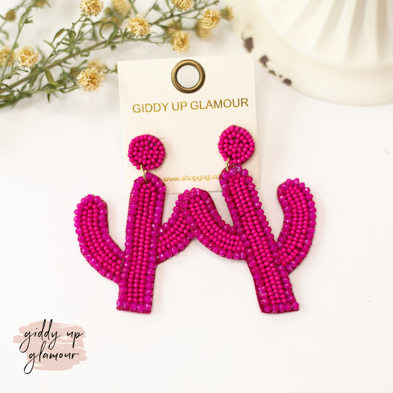 Seed Bead Cactus Post Earrings with Crystal Trim in Fuchsia - Giddy Up Glamour Boutique