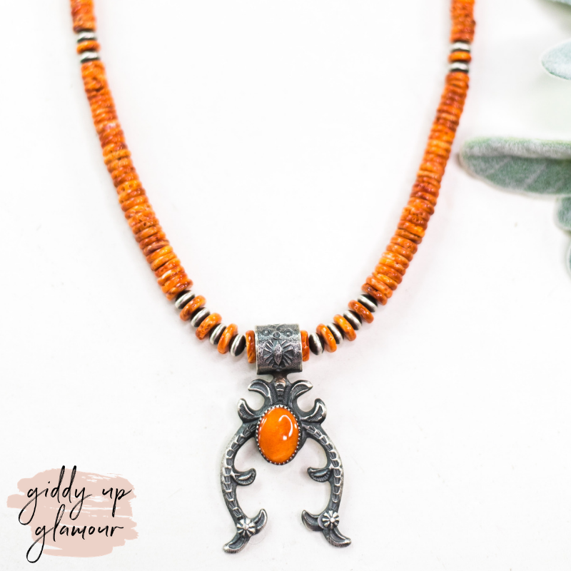 Kevin Billah | Navajo Handmade Sterling Silver Navajo Pearl & Orange Spiny Oyster Necklace with Naja Pendant - Giddy Up Glamour Boutique
