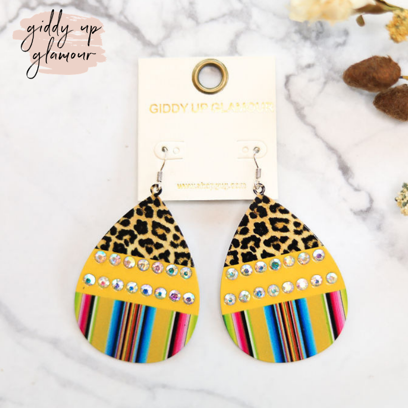 Color Block Teardrop Earrings With Leopard Print and Serape in Yellow - Giddy Up Glamour Boutique