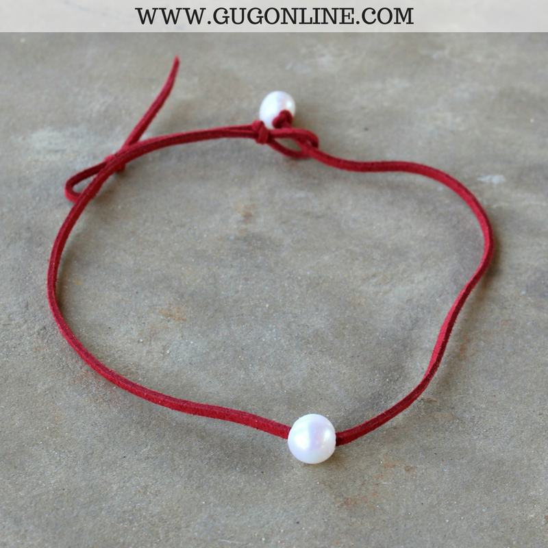 Red Leather Pearl Chokers