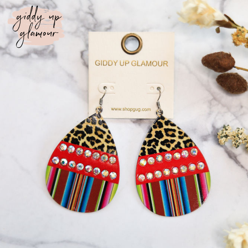 Color Block Teardrop Earrings With Leopard Print and Serape in Red - Giddy Up Glamour Boutique