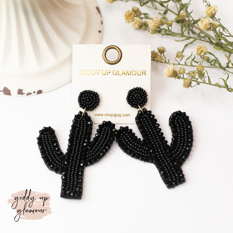 Seed Bead Cactus Post Earrings with Crystal Trim in Black - Giddy Up Glamour Boutique