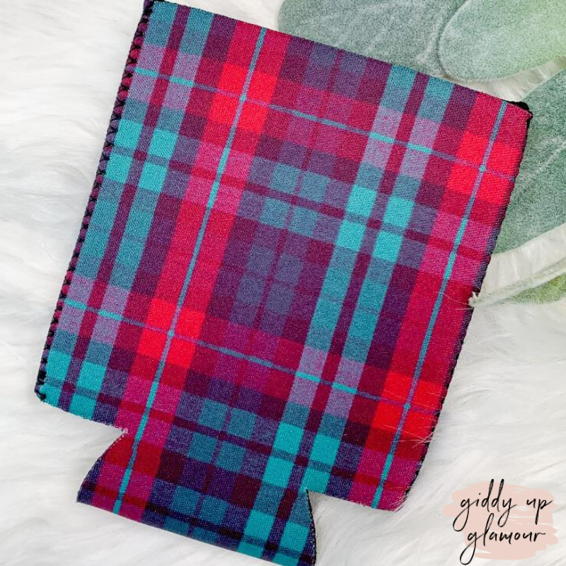 Plaid Koozie in Burgundy & Green - Giddy Up Glamour Boutique