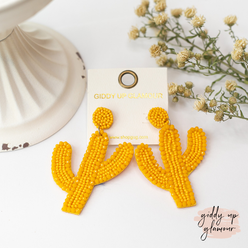 Seed Bead Cactus Post Earrings with Crystal Trim in Yellow - Giddy Up Glamour Boutique