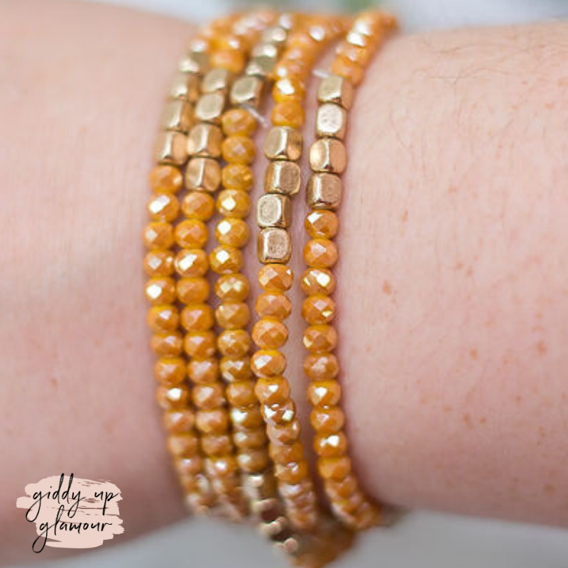 Set of 5 Crystal Bracelets with Gold Beads in Mustard - Giddy Up Glamour Boutique