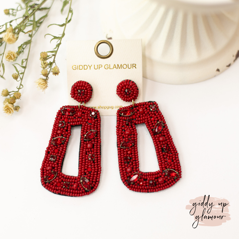 Seed Bead Rectangle Drop Earrings with Crystals in Burgundy - Giddy Up Glamour Boutique
