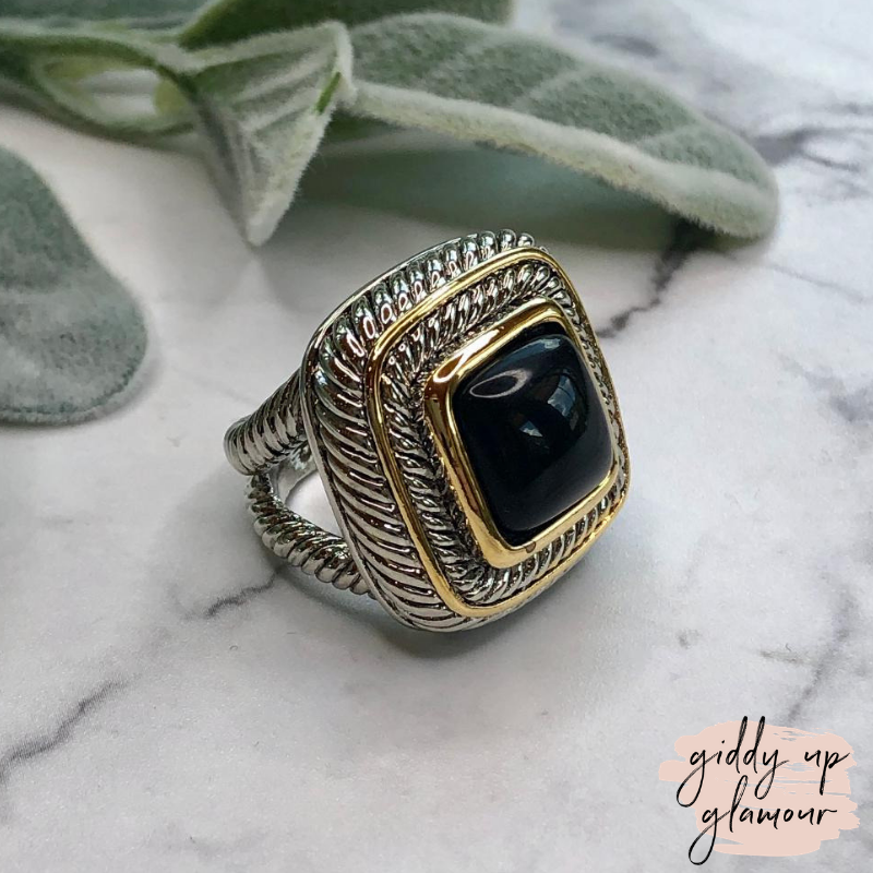 Large Two Toned Ring with Black Stone