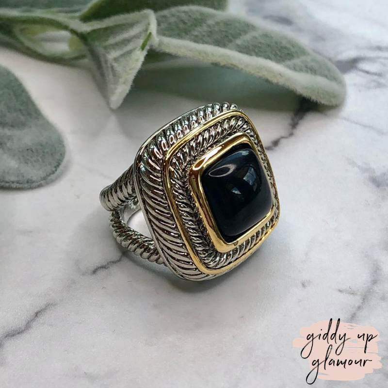 Large Two Toned Ring with Black Stone - Giddy Up Glamour Boutique