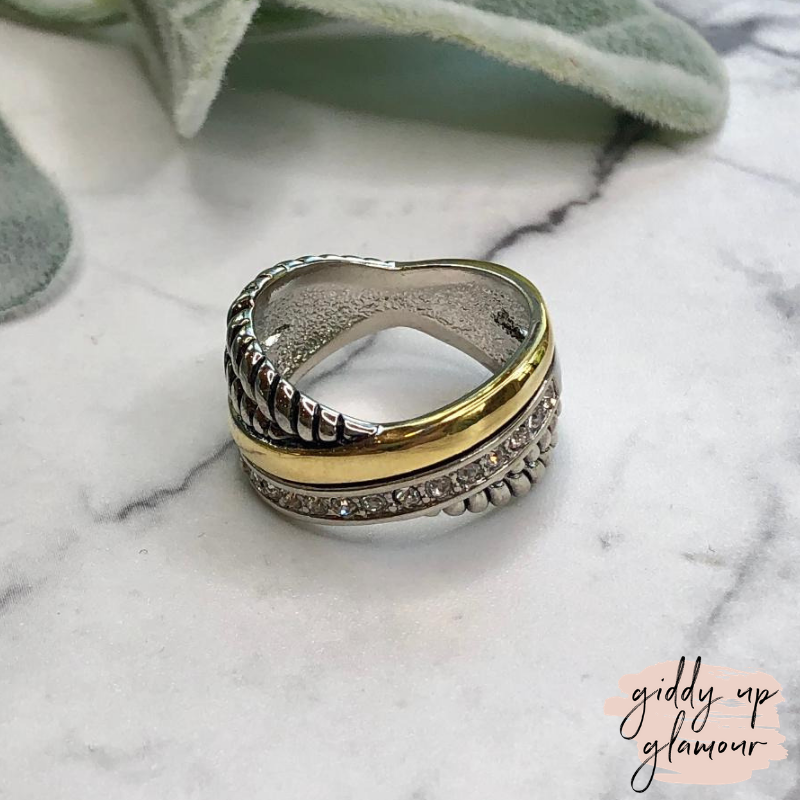Two Toned X Cross, Crystal & Rope Textured Ring - Giddy Up Glamour Boutique