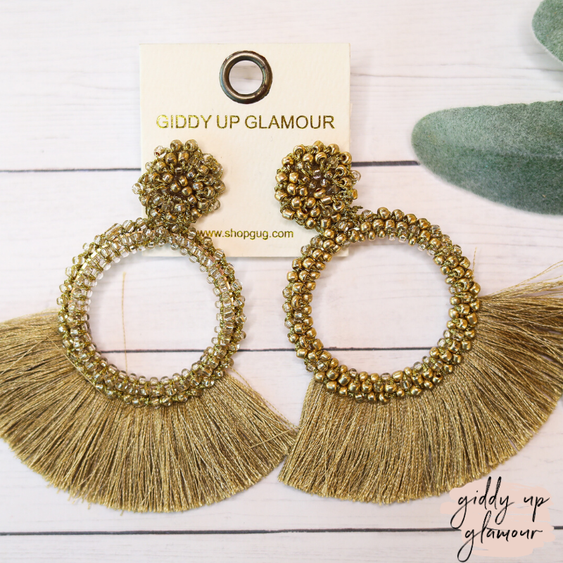 Seed Bead Circle Hoops with Fan Fringe Trim in Gold - Giddy Up Glamour Boutique