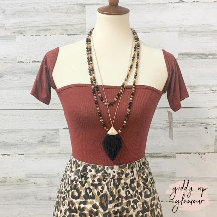 Dangerous Love Off Shoulder Ribbed Bodysuit in Rust - Giddy Up Glamour Boutique