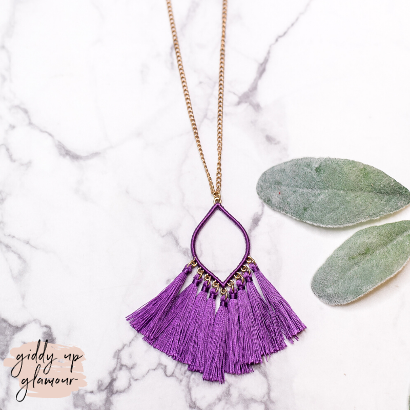 Threaded Quatrefoil Pendant Necklace with Tassels in Purple - Giddy Up Glamour Boutique