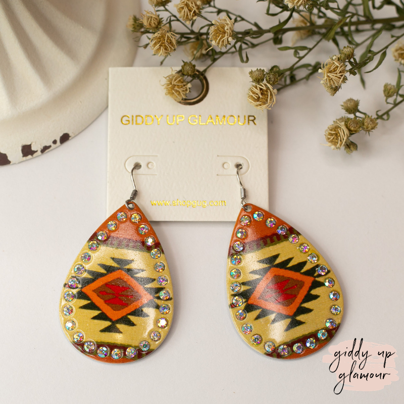 Aztec Teardrop Earrings with AB Crystal Outline in Orange - Giddy Up Glamour Boutique