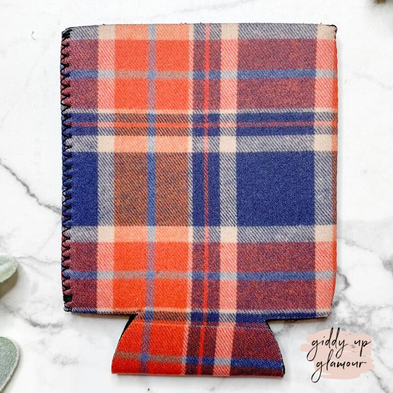 Plaid Koozie in Orange & Navy - Giddy Up Glamour Boutique
