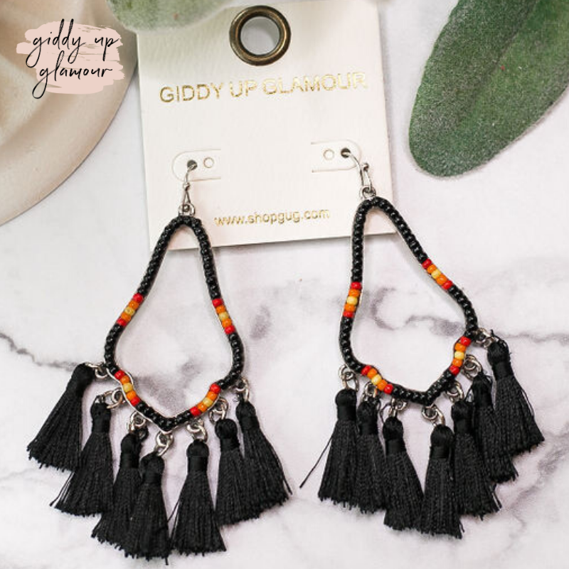 Last Chance | Beaded Aztec Drop Earrings with Fringe Tassels in Black - Giddy Up Glamour Boutique