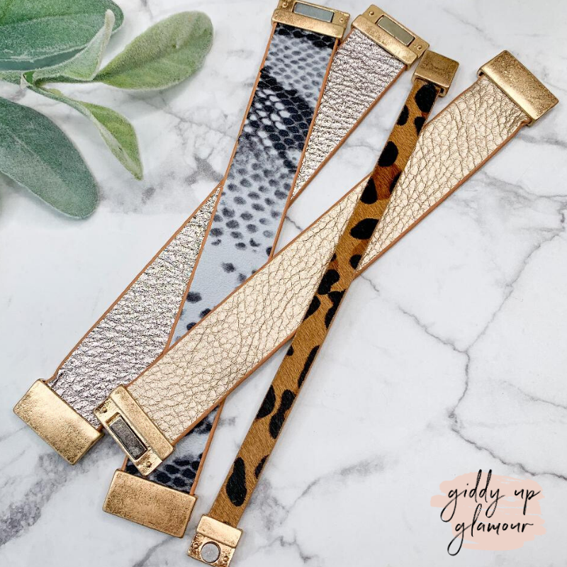 Leather Bracelet with Magnetic Clasp in Champagne - Giddy Up Glamour Boutique