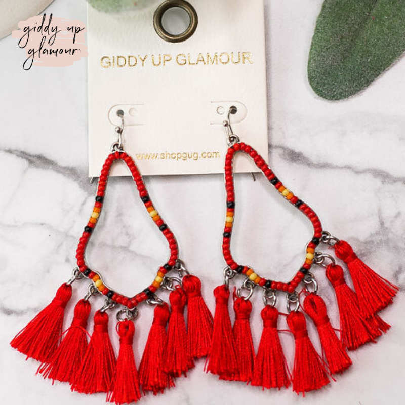 Beaded Aztec Drop Earrings with Fringe Tassels in Red - Giddy Up Glamour Boutique