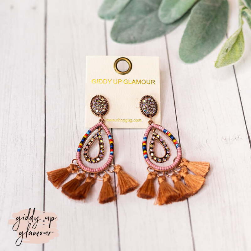 Beaded Layered Teardrop Tassel Drop Earrings in Rose Pink - Giddy Up Glamour Boutique