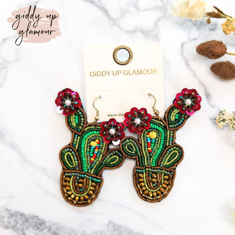 Embroidered Cactus Blossom Earrings in Gold Pot - Giddy Up Glamour Boutique