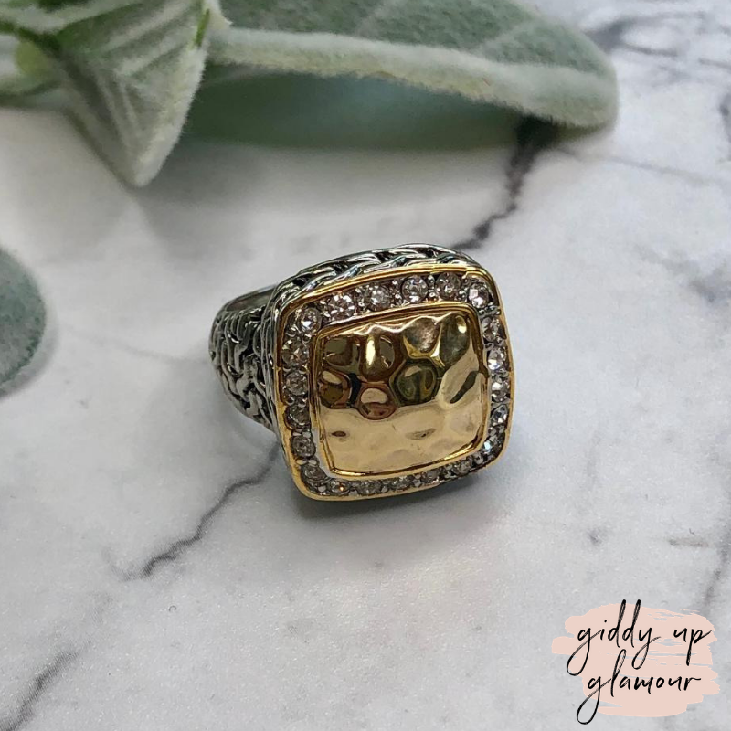 Two Toned Square Hammered Ring with Crystals - Giddy Up Glamour Boutique