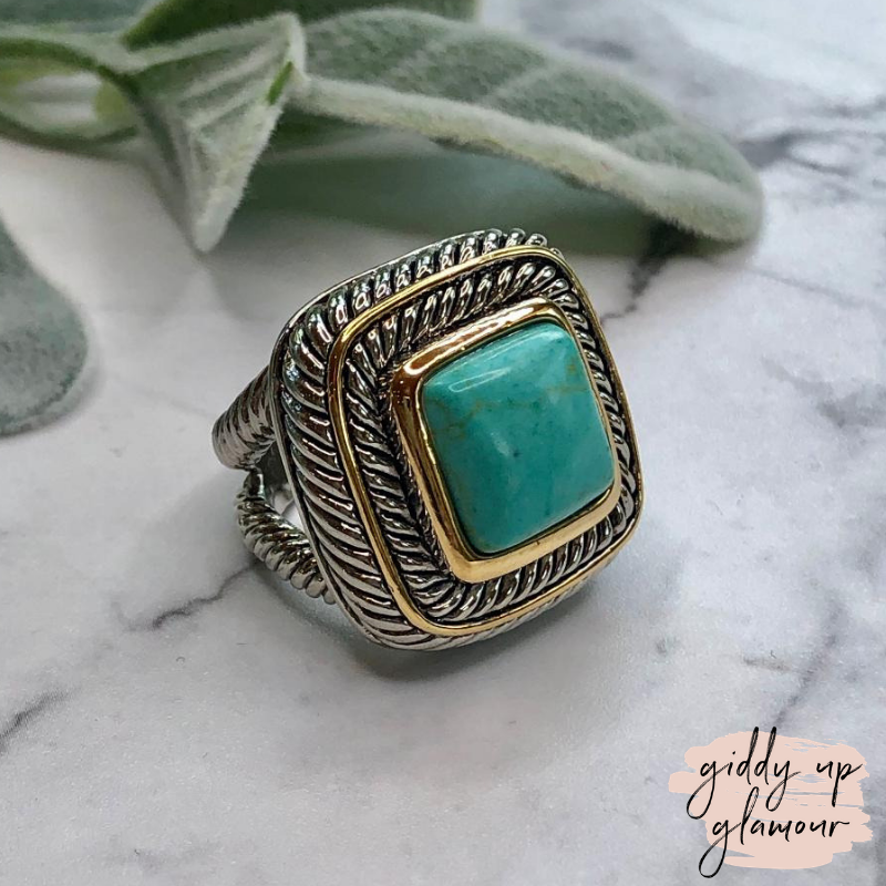 Large Two Toned Ring with Turquoise Stone - Giddy Up Glamour Boutique