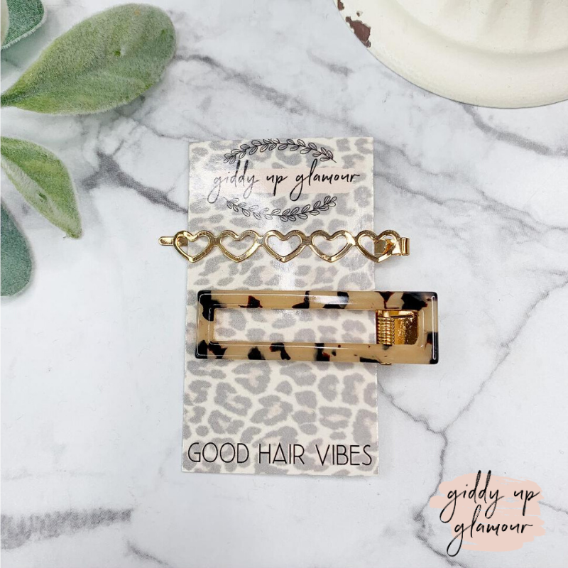 Buy 3 for $10 | Set of Two | Marbled Beige, Black and Hearts Hair Pins - Giddy Up Glamour Boutique