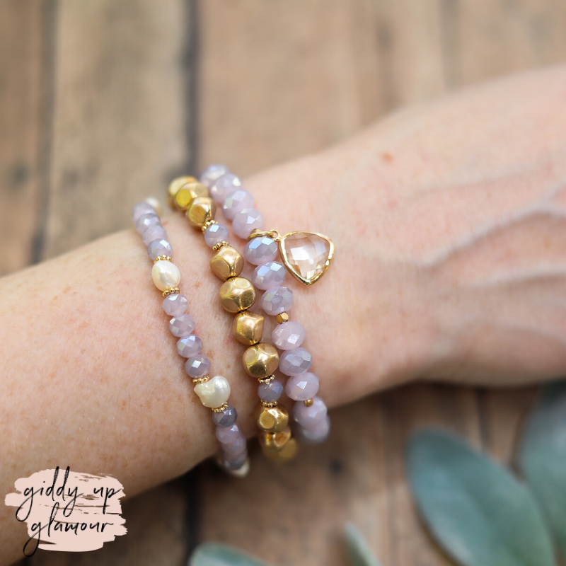 Set of Three Bracelets in Gold and Lavender with Clear Crystal Charm - Giddy Up Glamour Boutique
