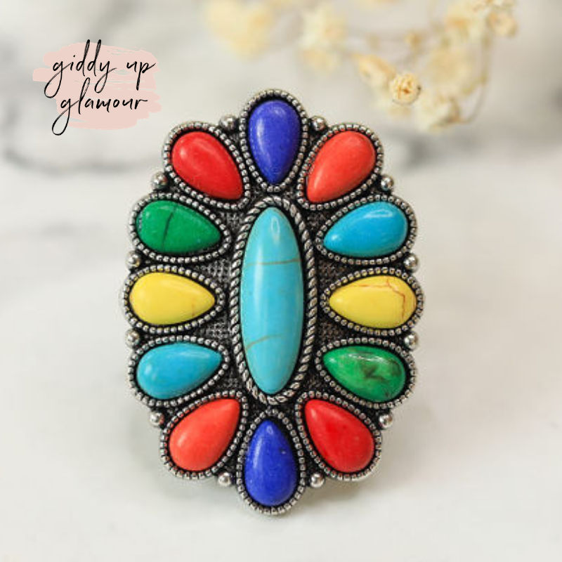 Rainbow Stone Flower Ring - Giddy Up Glamour Boutique