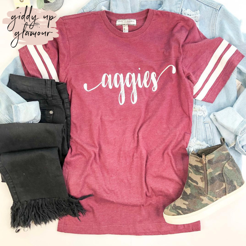 Last Chance Size Small | Aggie Game Day | Cursive Aggies Short Sleeve Jersey Tee in Maroon - Giddy Up Glamour Boutique