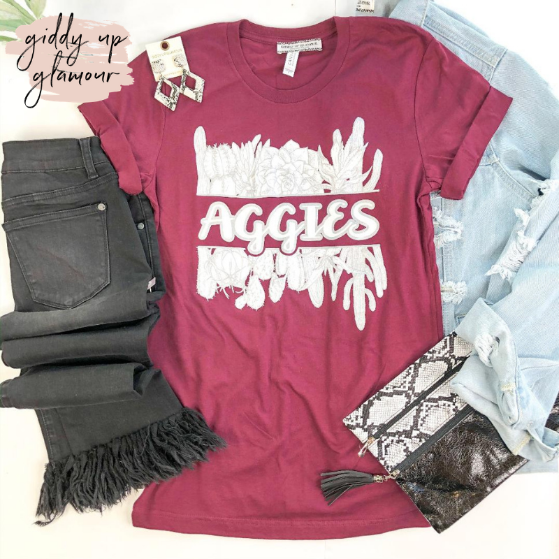 Last Chance Size 3XL | Aggie Game Day | Aggies in Cursive with Cactus Short Sleeve Tee Shirt in Maroon - Giddy Up Glamour Boutique