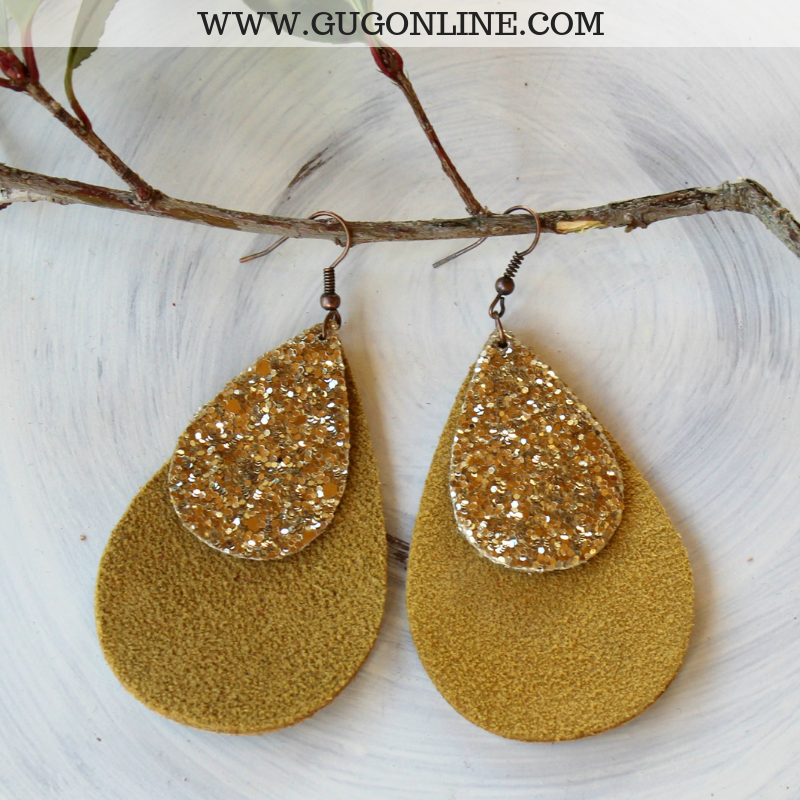 Leather Teardrop Earrings with Gold Glitter Accent in Mustard Yellow - Giddy Up Glamour Boutique