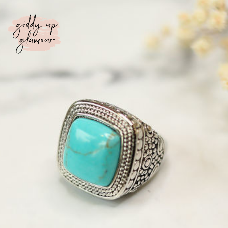 Silver Toned Wheat Textured Fashion Ring with Turquoise Stone - Giddy Up Glamour Boutique