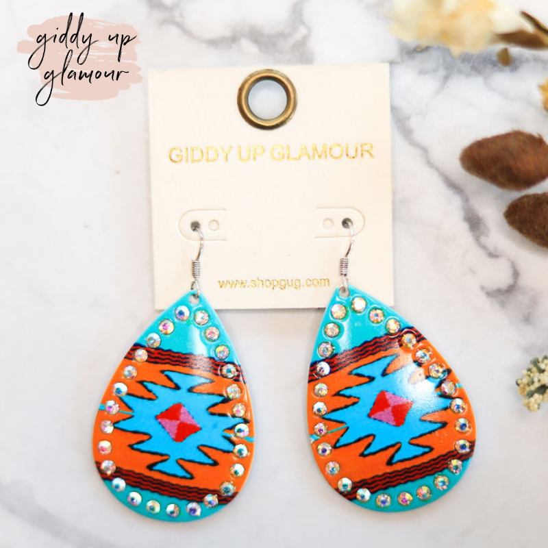 Aztec Teardrop Earrings with AB Crystal Outline in Turquoise - Giddy Up Glamour Boutique