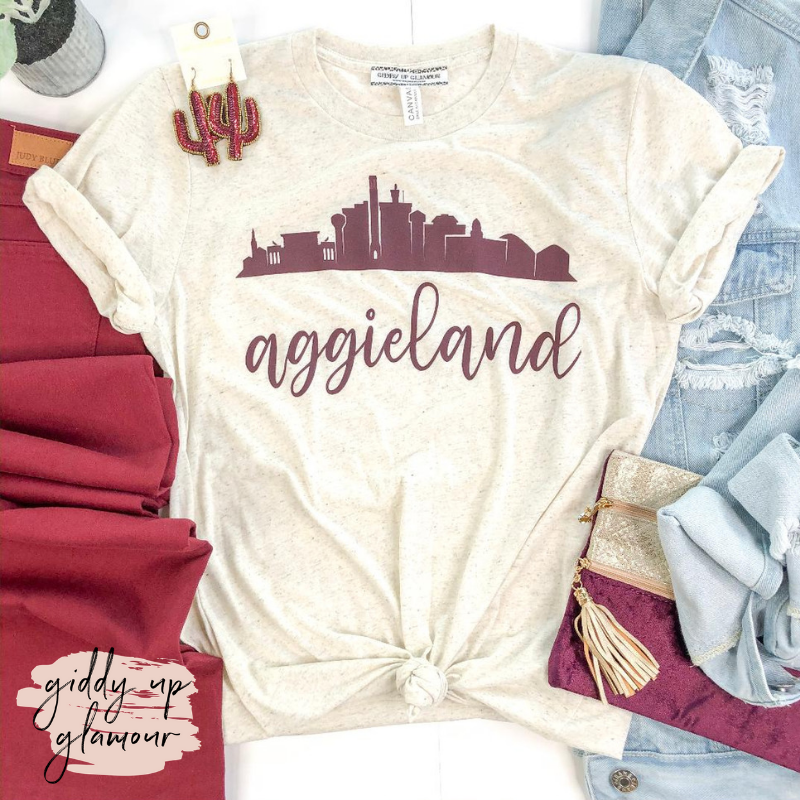 Aggie Game Day | Aggieland Skyline Short Sleeve Tee Shirt in Oatmeal Ivory - Giddy Up Glamour Boutique