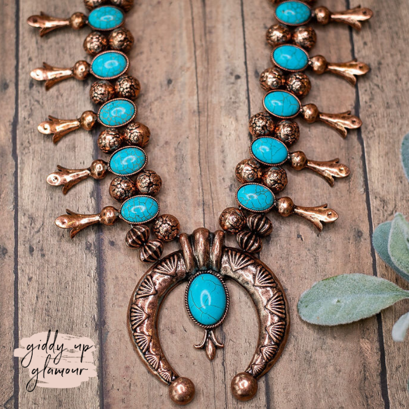 Copper Tone Squash Blossom Necklace with Turquoise Stones - Giddy Up Glamour Boutique