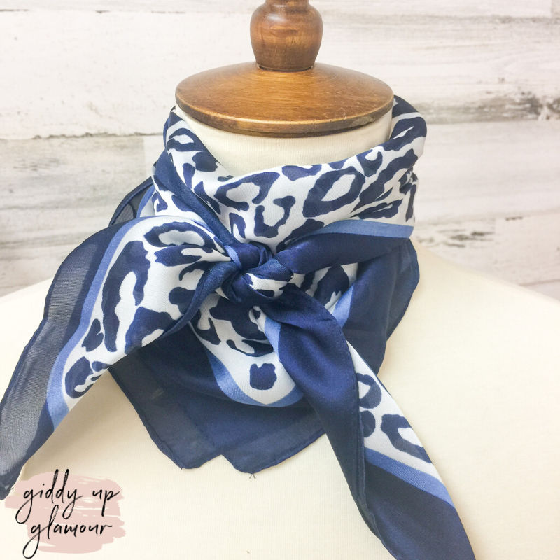 Leopard Print Silky Scarf in Navy and Blue - Giddy Up Glamour Boutique