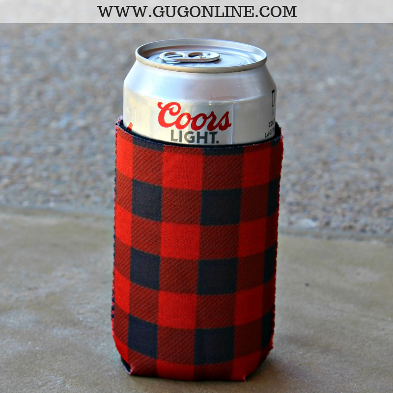 Buffalo Plaid Can Koozie in Red - Giddy Up Glamour Boutique