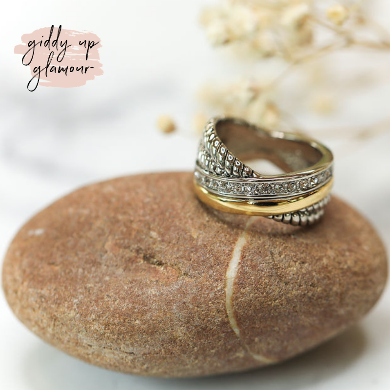 Two Toned X Cross, Crystal & Rope Textured Ring - Giddy Up Glamour Boutique