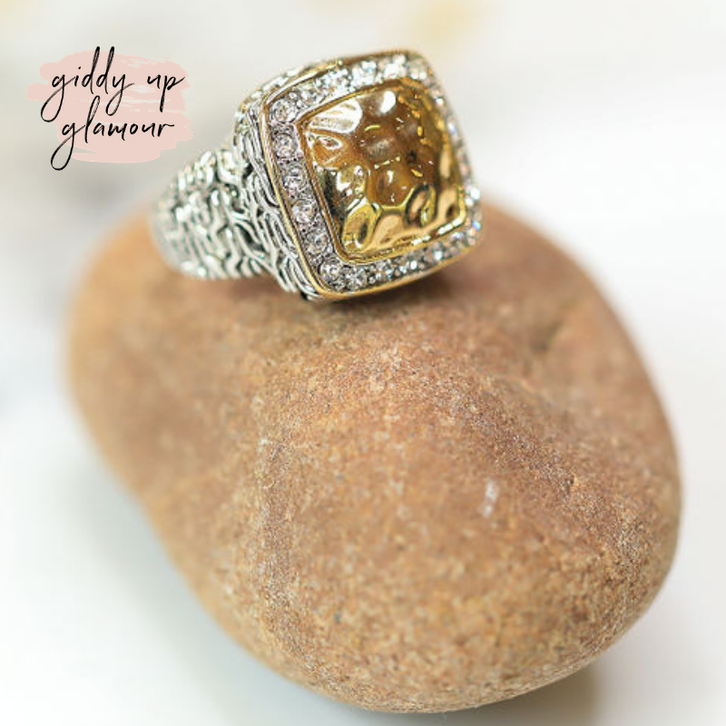 Two Toned Square Hammered Ring with Crystals - Giddy Up Glamour Boutique