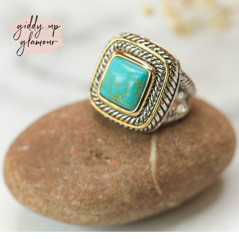 Large Two Toned Ring with Turquoise Stone - Giddy Up Glamour Boutique