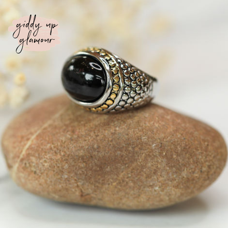 Two Toned Dome Fashion Ring with Faux Black Stone - Giddy Up Glamour Boutique
