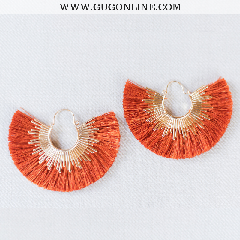 Boho Chic Jewelry Rust Orange Tassel Fan Earrings 