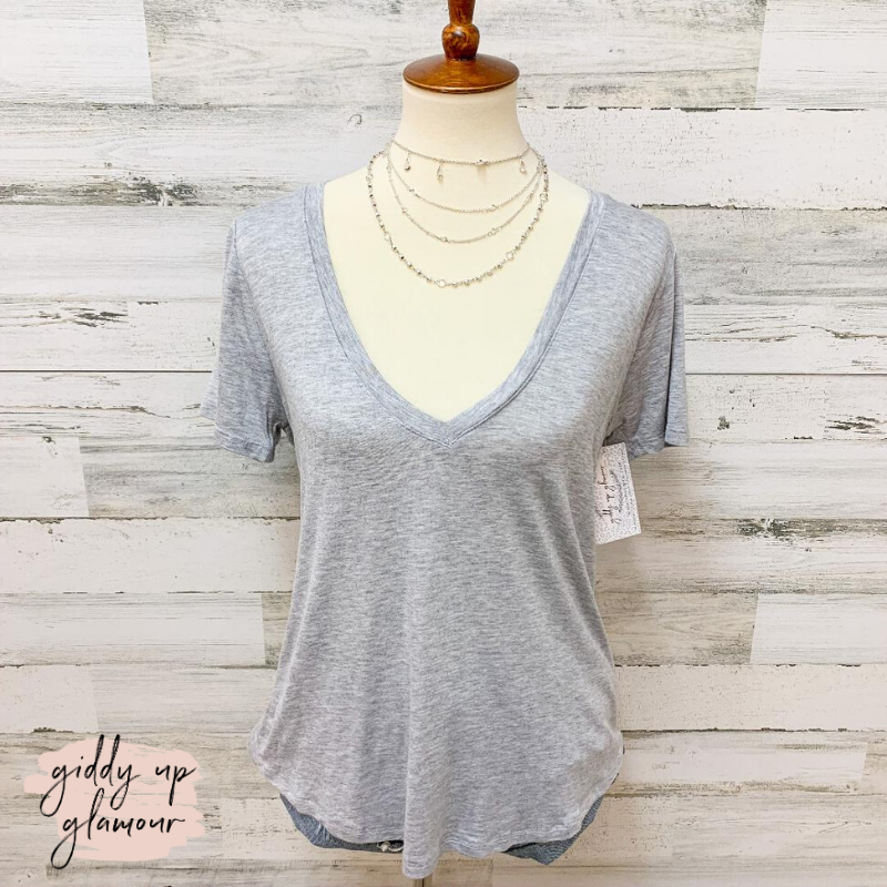 Sugar and Spice Deep V-Neck Short Sleeve Tee in Heather Grey