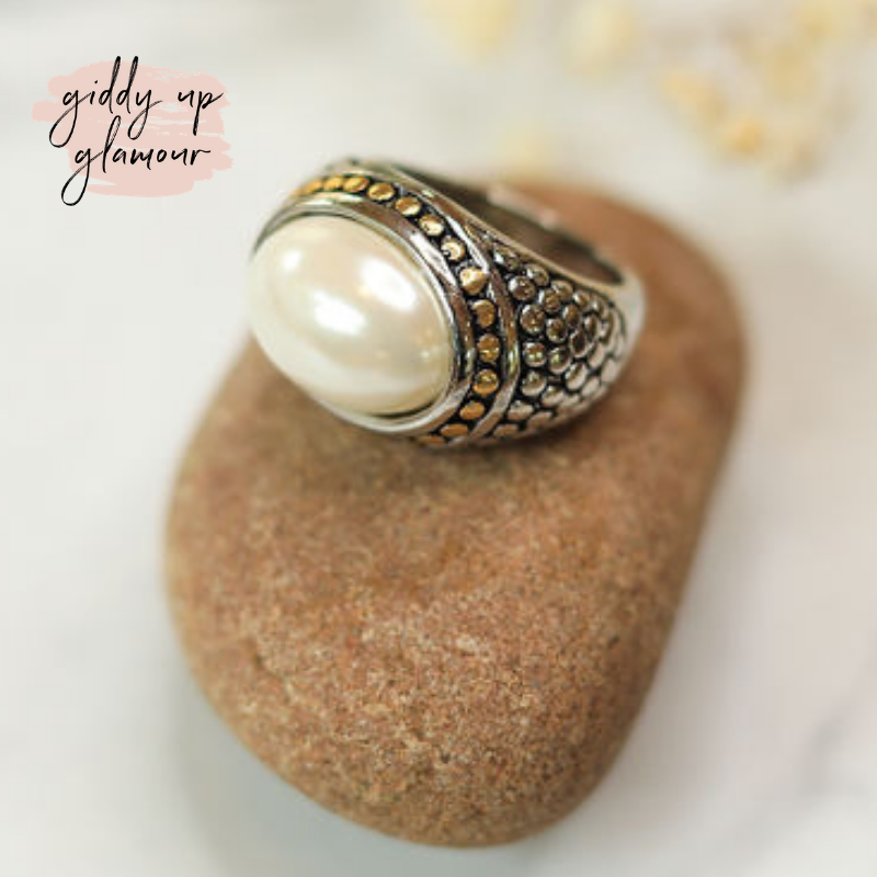 Two Toned Dome Fashion Ring with Cream Pearl Stone - Giddy Up Glamour Boutique