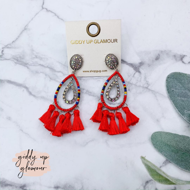 Beaded Layered Teardrop Tassel Drop Earrings in Red - Giddy Up Glamour Boutique